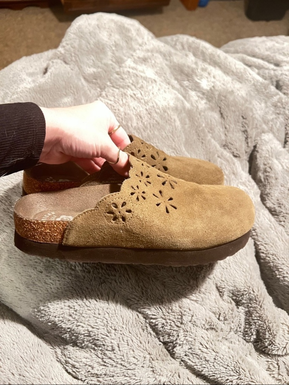 American Eagle Outfitters Brown Suede Slip-On Clogs with Floral Cutouts